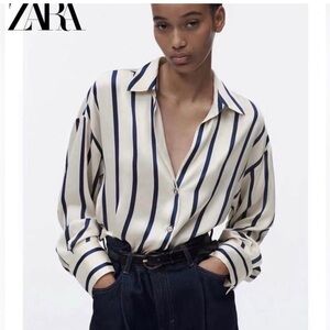 NWT Zara Ivory & Navy Striped Button-Up Shirt